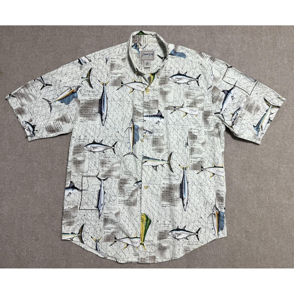 Bimini Bay Outfitters Shirt Mens Large White Fishing‎ Hawaiian Fish Print Cotton